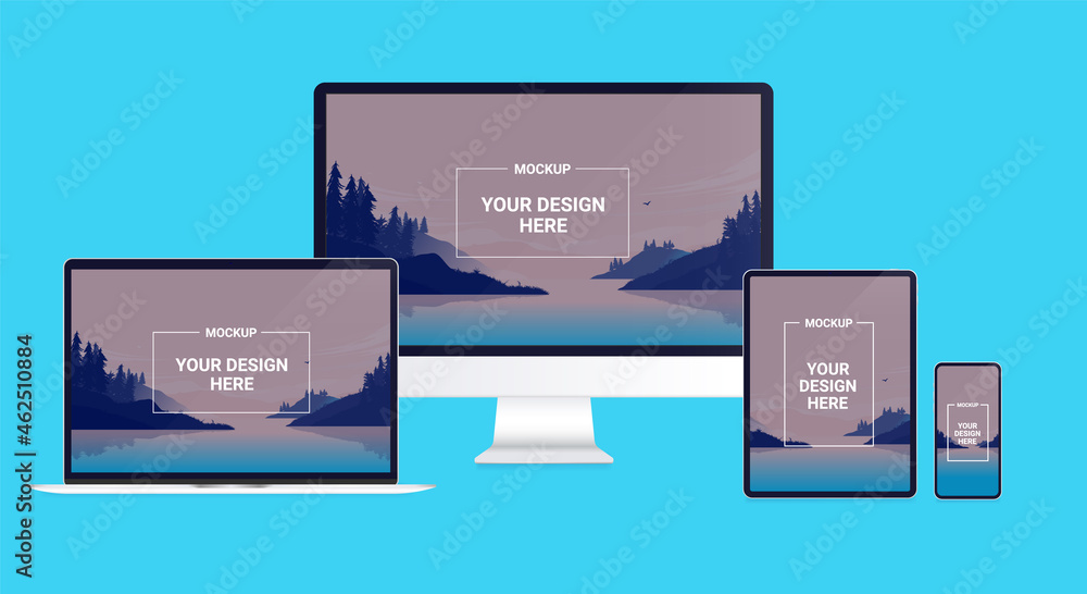 Aufkleber devices with replaceable screens - computer, laptop, desktop tablet and smartphone mockup on blue ba