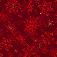 Naklejka na ściany i meble Bright red Christmas and New Year seamless pattern with snowflakes. Ornate winter background. Gift wrap and fabric design.