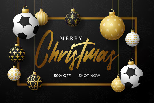 soccer Sport Christmas card. Merry Christmas sport greeting card. Hang on a thread soccer, football ball as a xmas ball and golden bauble on black horizontal background. Sport Vector illustration.