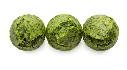 Tasty spinach muffins on white background