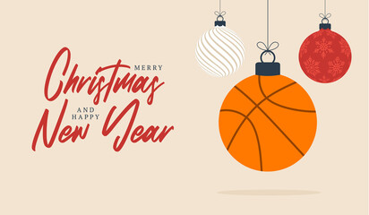 Basketball christmas greeting card. Merry Christmas and Happy New Year flat cartoon Sports banner. basketball ball as a xmas ball on background. Vector illustration.