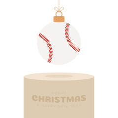 baseball Sport Christmas bauble pedestal. Merry Christmas sport greeting card. Hang on a thread baseball ball as a xmas ball on golden podium on white background. Sport Vector illustration.