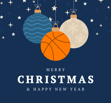 Basketball christmas greeting card. Merry Christmas and Happy New Year flat cartoon Sports banner. basketball ball as a xmas ball on background. Vector illustration.