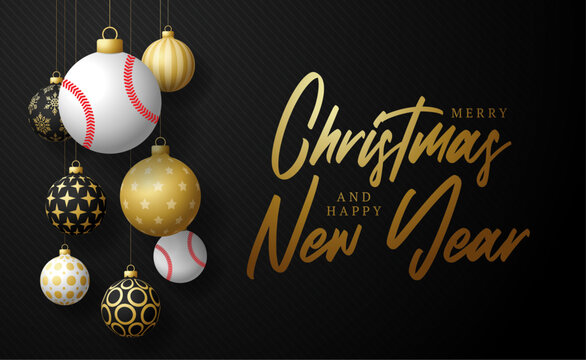 baseball Christmas card. Merry Christmas sport greeting card. Hang on a thread baseball ball as a xmas ball and golden bauble on black horizontal background. Sport Vector illustration.