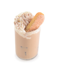 Glass of tasty Tiramisu Latte on white background