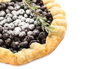 Tasty blueberry galette and rosemary on white background, closeup