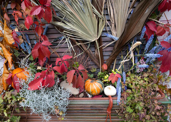 Pumpkins and autumn leaves, symbol of Autumn harvest, Thanksgiving, Mabon sabbat and Halloween...