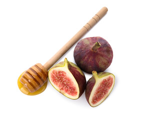 Dipper with honey and ripe figs on white background