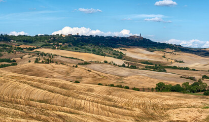 Fototapeta na wymiar Tuscany, Italy. August 2020. Amazing landscape of the Tuscan countryside with the typical rolling hills and cypresses to mark the boundaries.