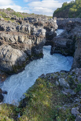 Borgarfjordur Region, Iceland: Barnafoss, also known as Bjarnafoss, is a waterfall on the river Hvíta.