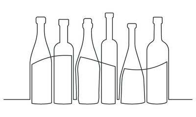 Continuous one line drawing of wine bottles. Wine bottle set. Vector illustration