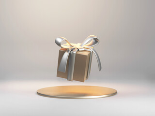3d render of golden gift box flying in studio with stage. Christmas, birthday present. No gravity abstract concept. 