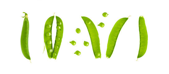 green pea pods and peas isolated on white background