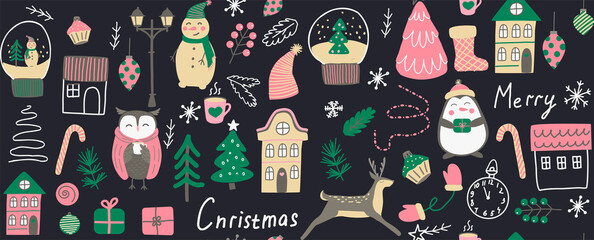 Seamless Christmas pattern. Modern boho minimalism. Merry christmas and a happy new year. Winter stickers for design. Template for use in children's design, textiles, books, packaging.