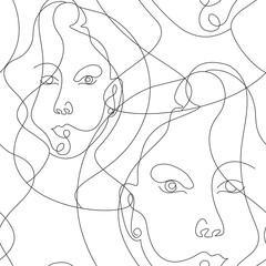 white seamless modern abstract pattern with portraits of girls in one line in the style of Mathis drawn in vector 