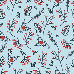 Cozy winter decor with red berries in the style of lines. Decorative elements for the design of postcards, invitations and much more. Vector is a collection of hand-drawn Christmas decorations.