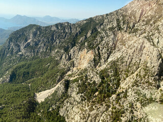 Aerial top: mountain forest, texture of meadow view from above. Drone's Eye - tree green background. high-quality back for design and layout, the concept of summer meadows bordering an array of trees