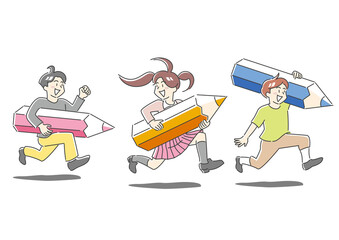 鉛筆を抱えて元気に走る子供達