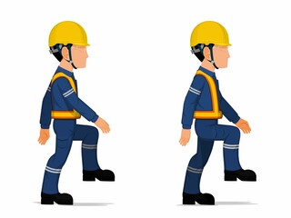 set of industrial worker is stepping up the stair on white background