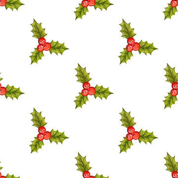 Seamless Christmas pattern with holly berries. Vector illustration