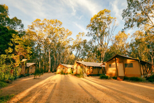 Glamping Tents Set Up On The Gunbower Creek At Koondrook, Victoria Australia