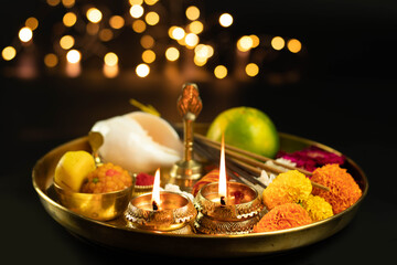 Golden Brass Pooja Ki Thali With Fruit, Marigold, Ghanti, Diya, Deep, Dia, Shankh, Phool, Peda,...