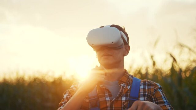 agriculture technology. smart agriculture a corn field business concept. farmer with virtual reality glasses. farmer working in corn eco field agriculture. virtual reality glasses study harvest