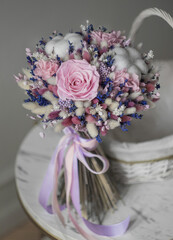 Romantic bouquet with lavender and lagurus. Dried flowers bouquet. Home decor inspiration. Preserved flower.
