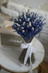 Romantic bouquet with lavender and lagurus. Dried flowers bouquet. Home decor inspiration. Preserved flower.