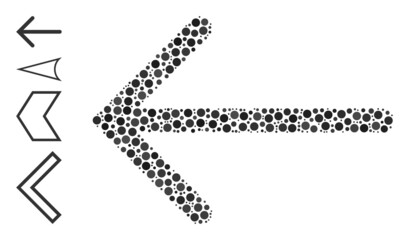 Round dot collage arrow left. Vector collage is based on arrow left icon, and formed of randomized round spots. Vector icon of arrow left constructed with irregular round dots.