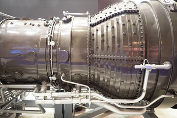 Gas turbine engine. Gas compressor. Equipment for oil and gas processing. Equipment of fuel industry enterprises. The engine is made of stainless steel. An industrial concept. © Grispb