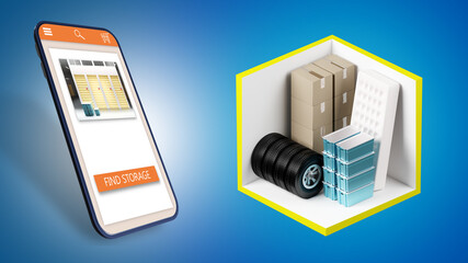 Find storage in your smartphone. Self-storage unit rent. Mobile phone app. Warehouse services. 3d image