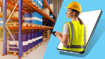 Warehouse management. Warehouse logistics. A woman with a tablet on the background of a warehouse....