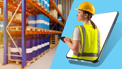 Warehouse management. Warehouse logistics. A woman with a tablet on the background of a warehouse. Storekeeper on the mobile phone screen. A woman on the background of the storage shelves.
