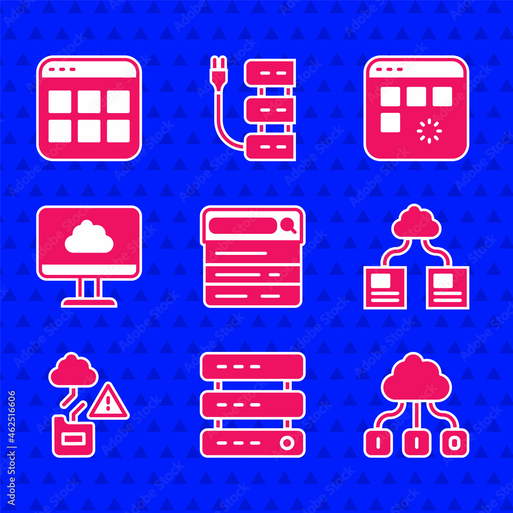 Poster set search engine, server, data, web hosting, cloud technology data transfer, loading window and bro