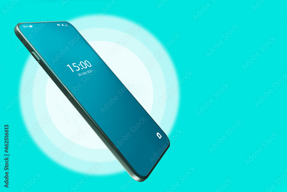 Poster smartphone mock up on a blue background. mobile phone with time and date on screen. cell phone next 