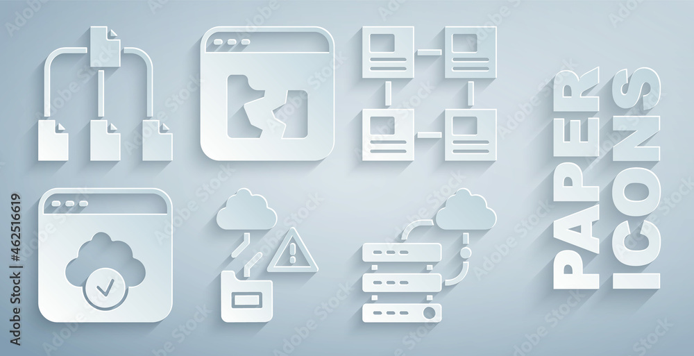 Poster set cloud technology data transfer, hierarchy organogram chart, network cloud connection, broken fil