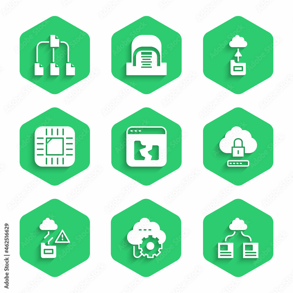 Poster set broken file, cloud technology data transfer, computing lock, processor with cpu, and folder tree