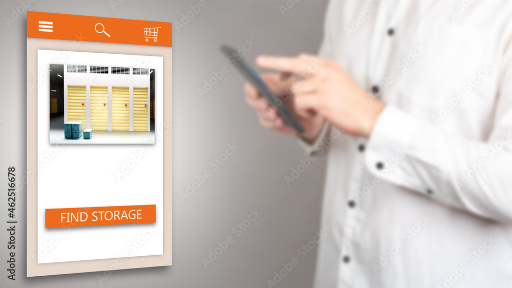 Poster find storage button on the smartphone screen. man is looking for a place to store things. app for re