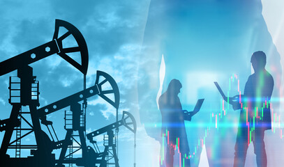 Oil investments. Fuel market. Crude oil quotes. Business on petroleum products. Businessmen or...