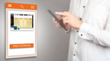 Find storage button on the smartphone screen. Man is looking for a place to store things. App for renting a self-storage unit. Man uses the company program for storing things. Warehouse rent.