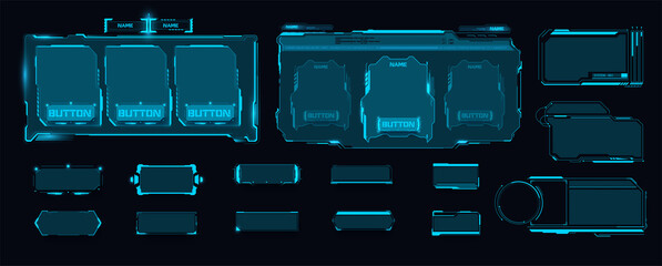 Digital frame technology template for a set of frames , buttons. Sci Fi HUD Futuristic design of game gui elements with buttons and blue border square Frames blocks  isolated on black background - obrazy, fototapety, plakaty