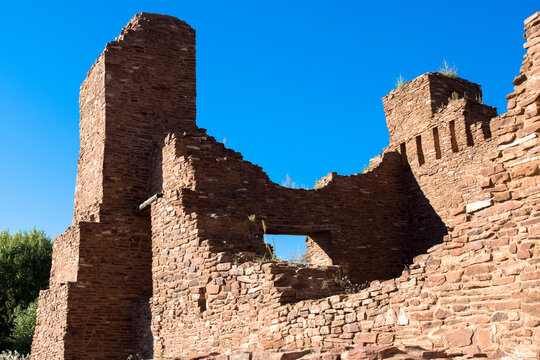 High stone walls and window of the historic ruin of the Quarai Mission Church in Salinas Pueblo Missions National Monument in New Mexico