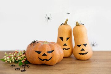 Fototapeta premium Halloween squashes and pumpkin next to spiders and berries