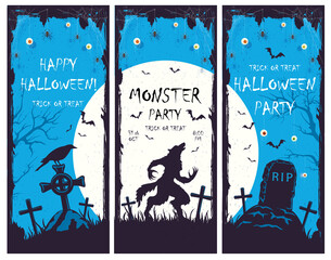 Set of Blue Halloween Banners with Party Invitations