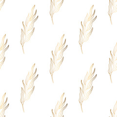 Seamless patterns. Luxurious gold and a graceful twig on a white background. Floral pattern, gold leaf. Vector file.