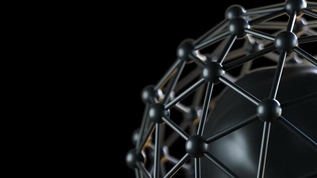 Molecular 3d render of structure of nucleus. Network of both protons and neutrons circling around circular microscopic sphere. Synthesis of nuclear reactions and decay processes.
