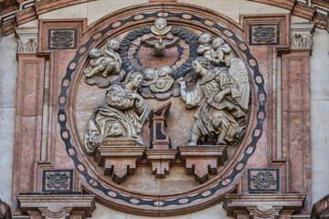 Architectural details of Malaga Cathedral entrance. Renaissance Cathedral - Roman Catholic Church in the city of Malaga, was constructed between 1528 and 1782. Malaga, Costa del Sol, Andalusia, Spain.