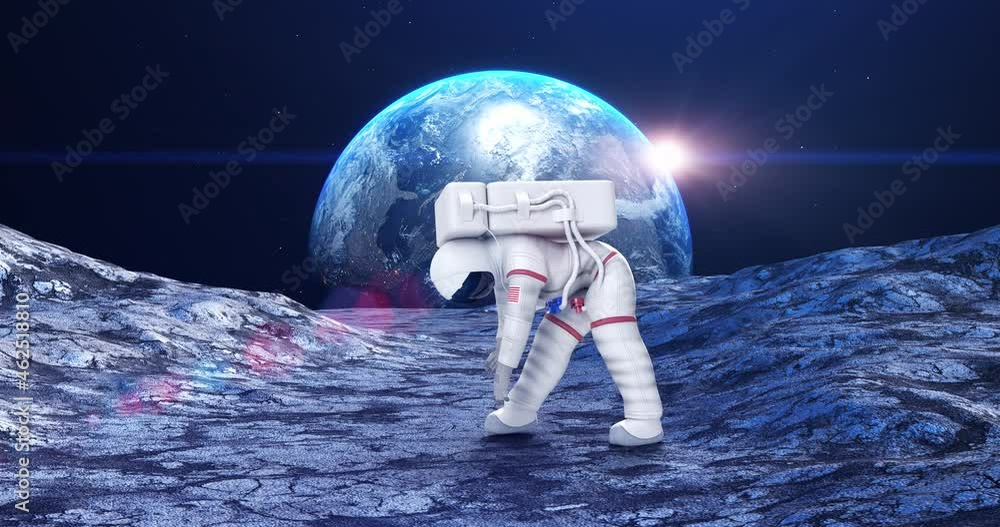 Wall mural funny astronaut dancing on a planet surface. feeling happy. space and technology related 3d animatio