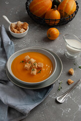 homemade pumpkin soup with croutons